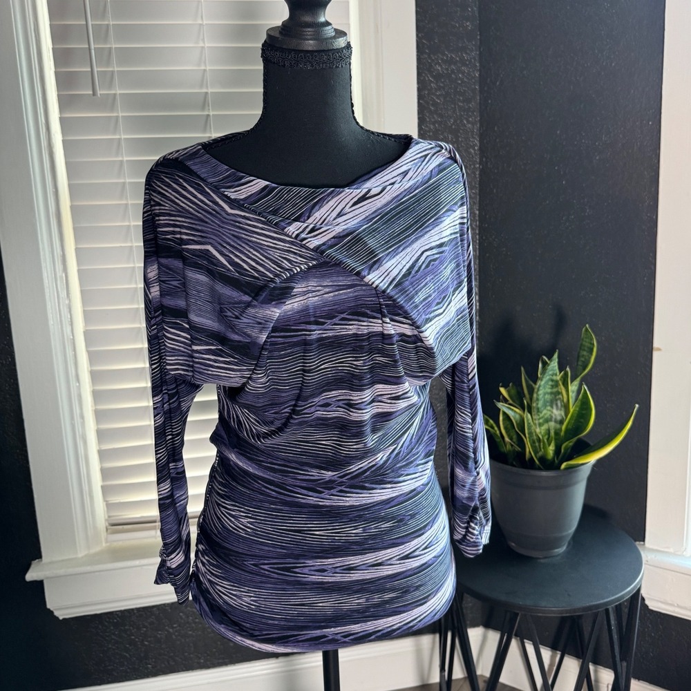 Jennifer Lopez Purple Abstract Print Ruched Draped Neck Long Sleeve Top XS